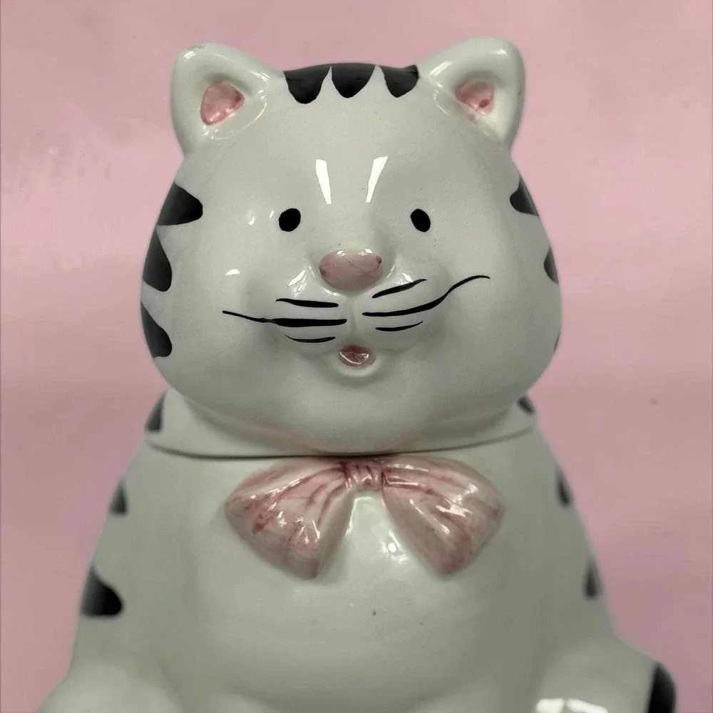 Vintage R. H. Macy & Co Black White Striped Cat Cookie Jar Pink Bow Ceramic